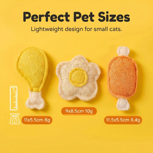 Natural Loofah Pet Chew Toy Set (Chicken Leg, Drumstick, Egg) - Antibacterial, Non-Toxic, Biodegradable with Catnip & Silvervine for Anxiety Relief and Dental Care for Cats and Dogs