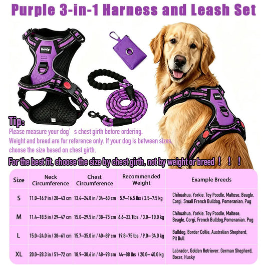 HELETY Adjustable No-Pull Dog Harness Set for Outdoor Activities - Features Reflective Vest, Leash, Waste Bag Holder, and Dual Clip Design (Available in Sizes S–XL)