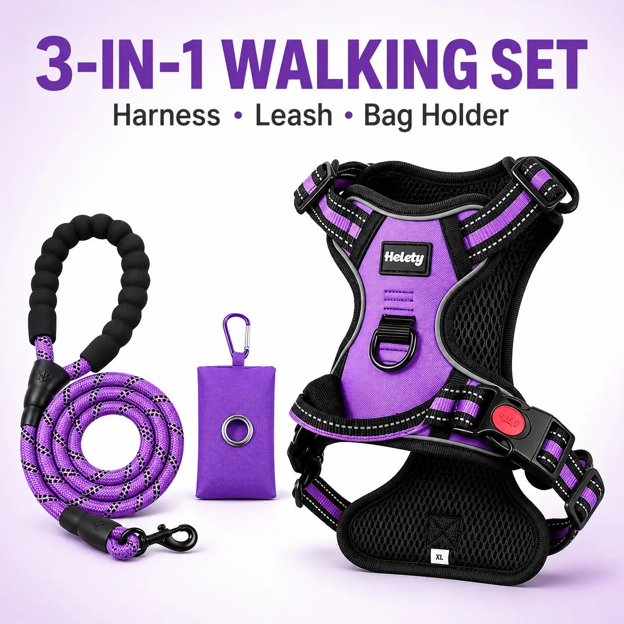 HELETY Adjustable No-Pull Dog Harness Set for Outdoor Activities - Features Reflective Vest, Leash, Waste Bag Holder, and Dual Clip Design (Available in Sizes S–XL)