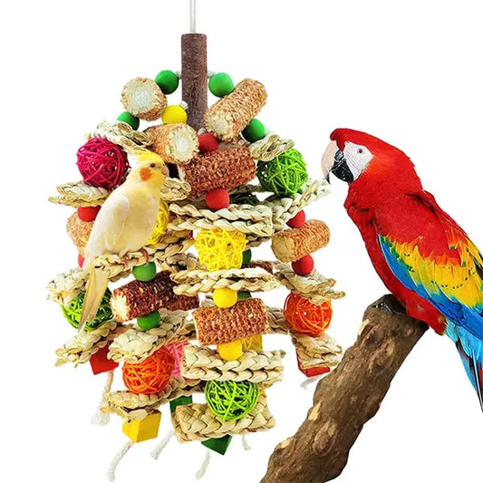 Premium Handmade Bird Chew Toys for African Grey Parrots, Macaws, Cockatoos, and Amazon Parrots - Stimulating Entertainment with Natural Corn Cob, Corn Husk, and Loofah Slices (Medium/Large, Colorful)