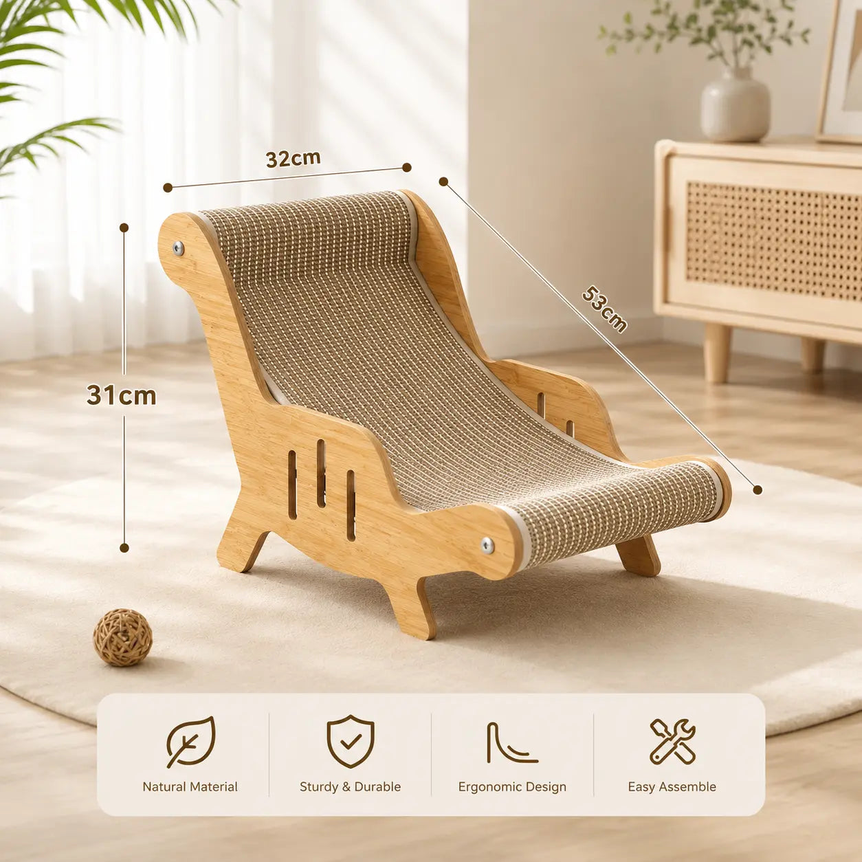 XL 2-In-1 Sisal Fiber Cat Scratcher with Hammock and Lounge Chair - Durable, Breathable Cat Bed for Claw Maintenance and Relaxation, Suitable for All Seasons